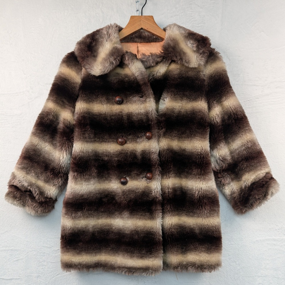 VTG Short Coat Women's Small Brown Striped Rex Chinchilla Fur Old Money Glam 70s